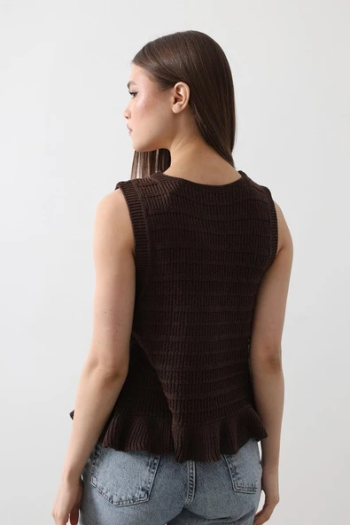 Önü Bağlamalı Yelek - Kahve - Resim 2