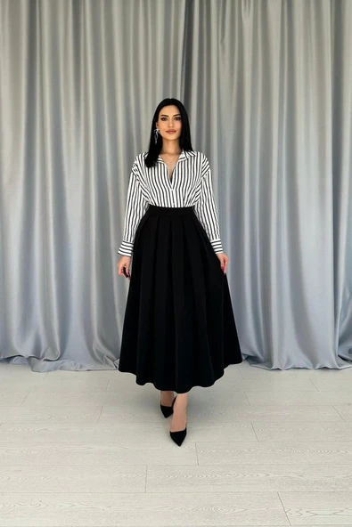 Siyah Uzun Pileli Etek ürün görseli 1