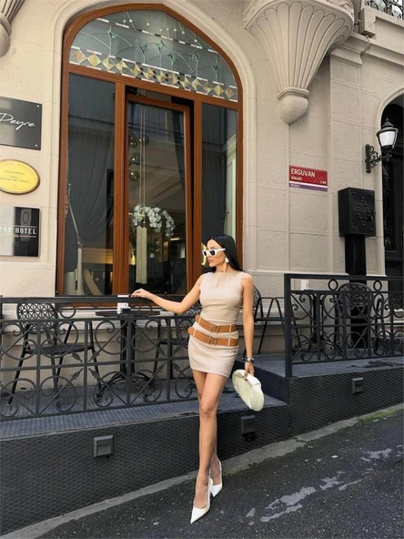 POLYVİSCON ÇİFT KEMER DETAYLI ELBİSE - Bej - Resim 2