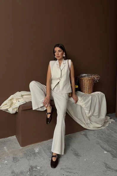 Bej Keten Yelek Pantolon Takım - Resim 3