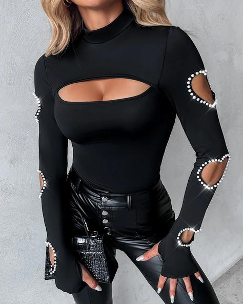 Lucky Life Kadın Uzun Kollu Yarı Balıkçı Yaka Pencere Detaylı Kolları Kalp Desen Taşlı Viskon Bluz - Resim 5