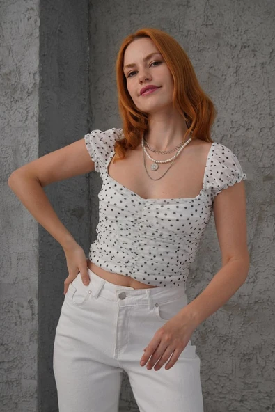 Puantiyeli Belden Oturtmalı Tül Beyaz Bluz ürün görseli 1