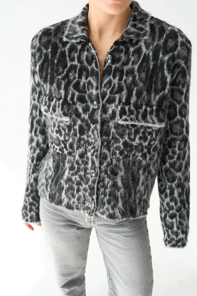 Leopar Desen Jakarlı Hırka - Siyah-Açık Gri - Resim 4