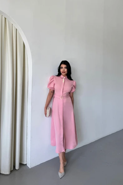 YAKA DÜĞME DETAYLI ELBİSE- Pembe ürün görseli 1