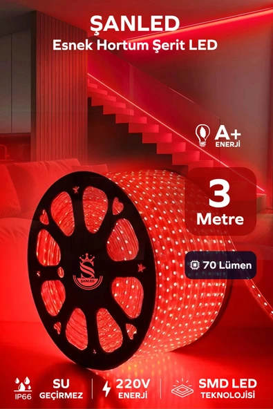 Hortum Esnek 220V Şerit Led Kırmızı 3 Metre