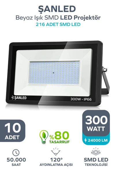 300W 24.000 Lümen 6500k Beyaz Işık Smd Led Projektör 10 Adet