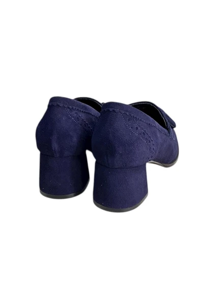 Lacivert Hakiki Deri Süet Püskül Detay Topuklu Ayakkabı - Resim 3