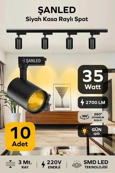 Led Siyah Kasa Gün Işığı 35w Raylı Spot 10 Adet 3 Metre Ray ürün görseli