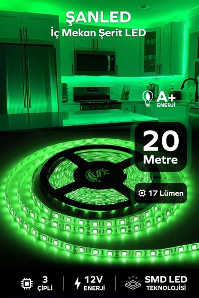 3 Çipli Iç Mekan Yeşil Şerit Led 20 Metre