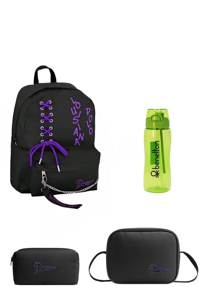 Louisiana Polo Okul Seti – Çanta + Termal Beslenme + Kalemlik + Yeşil Matara Mor 1141