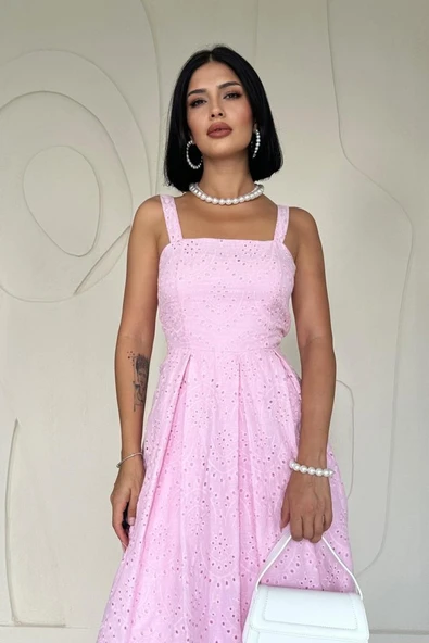 Pembe Askılı Aparatlı Brode Elbise - Resim 2