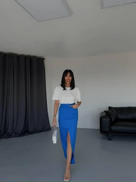 GABARDİN UZUN ÖNDEN YIRTMAÇLI ETEK - Saks ürün görseli 1