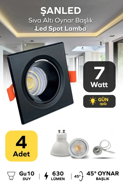 7w Sıva Altı Oynar Başlık Gu10 Siyah Kasa Gün Işığı Led Spot Lamba 4 Adet ürün görseli