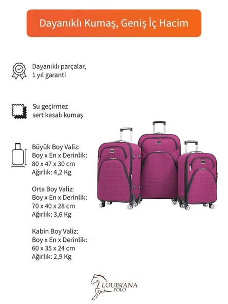 3'lü Valiz Seti 4 Teker Kumaş Valiz Pembe 1081 - Resim 2