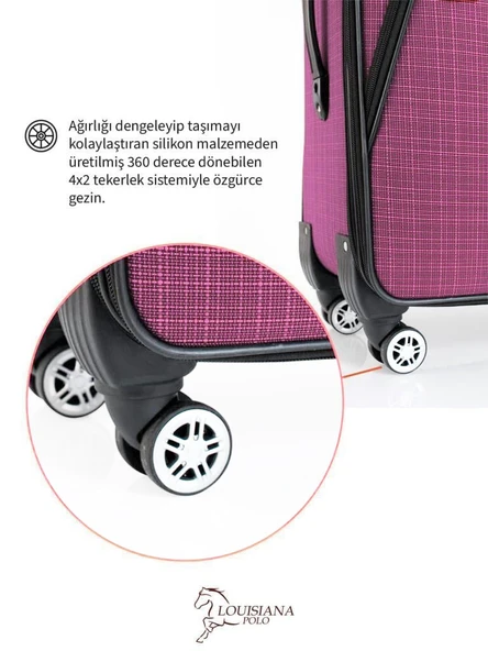 3'lü Valiz Seti 4 Teker Kumaş Valiz Pembe 1081 - Resim 4