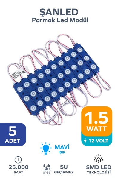 3 Ledli Parmak Led Modül 1.5w 2835 Smd Mercekli Mavi - 5 Adet