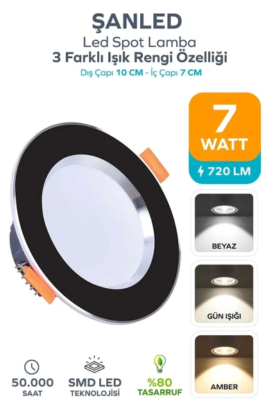 7W 3 Renkli (Beyaz, Gün Işığı, İkisi bir arada) Siyah Krom Led Spot Lamba 1 Adet