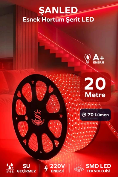 Hortum Esnek 220V Şerit Led Kırmızı 20 Metre ürün görseli 1