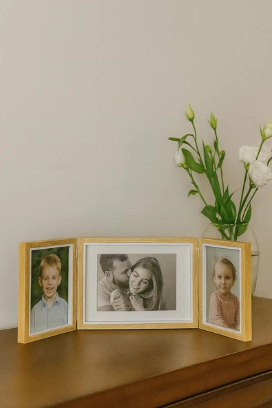 Doğal Ahşap Üçlü Dekoratif  Fotoğraf Çerçevesi 20*15 -17*12 cm (2) - Resim 2