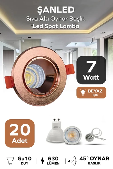 7w Sıva Altı Oynar Başlık Gu10 Yuvarlak Bakır Kasa Beyaz Işık Led Spot Lamba 20 Adet ürün görseli