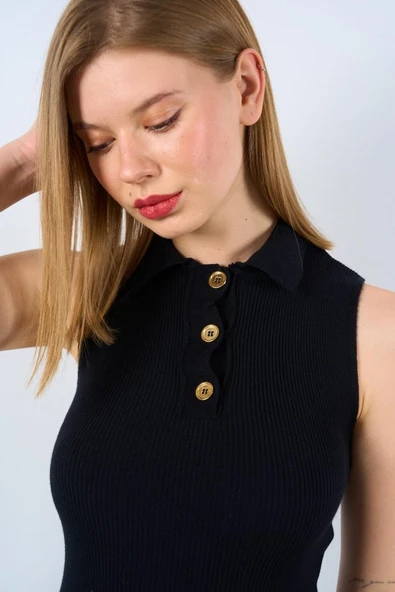 Patlı Düğmeli Triko Atlet - Siyah - Resim 4