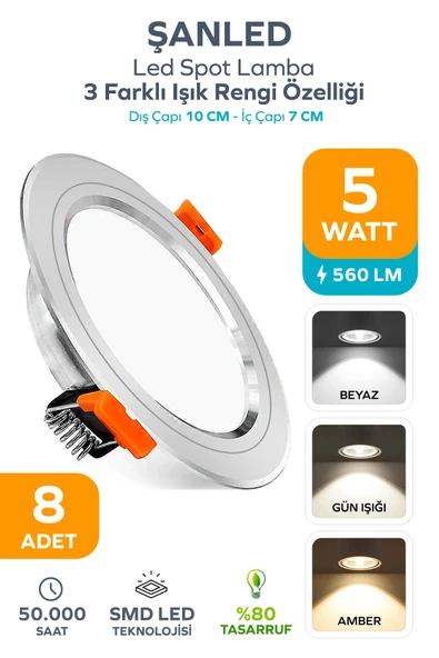 5W 3 Renkli (Beyaz, Gün Işığı, Amber) Beyaz Krom Kasa Led Spot Lamba 8 Adet ürün görseli