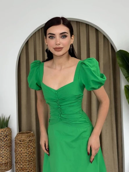 Kare Yaka Düğmeli Elbise ürün görseli 1