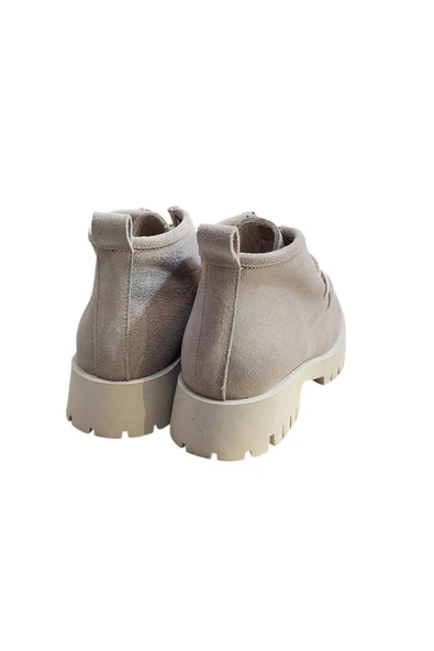 Bej Hakiki Deri Süet Bağcıklı Bot - Resim 4