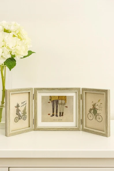 Doğal Ahşap Üçlü Dekoratif  Fotoğraf Çerçevesi 20*15 -17*12 cm (1) - Resim 2