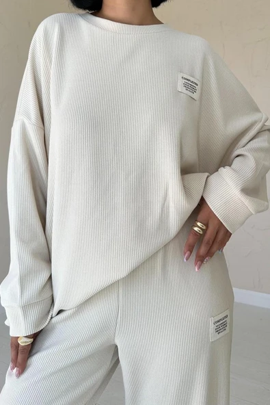 Bej Klasik Fitilli Kazak Ve Pantolon Takım - 3