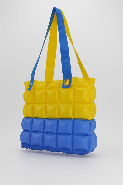 B.Y. Trend Kadın Plaj Çantası Sarı Lacivert Şişme Omuz Çanta Br02 - Resim 3