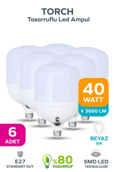 40w Tasarruflu E27 Beyaz Işık Torch Led Ampul 6 Adet