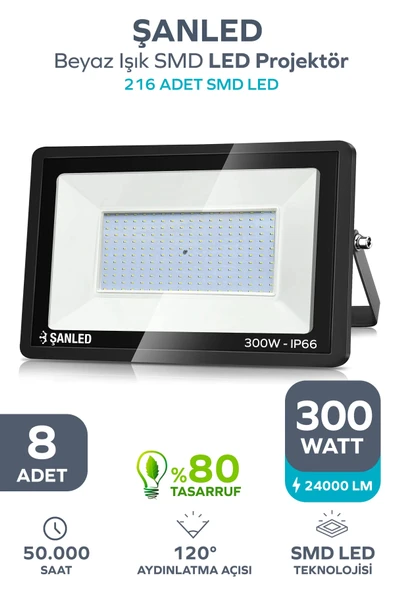 300W 24.000 Lümen 6500k Beyaz Işık Smd Led Projektör 8 Adet