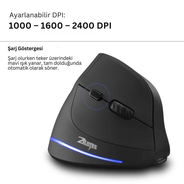 ShopyTech Zelotes F35 Dikey Kablosuz Mouse Ergonomik Şarjlı 2.4G 1000/1600/2400 DPI 6 Tuş - 2