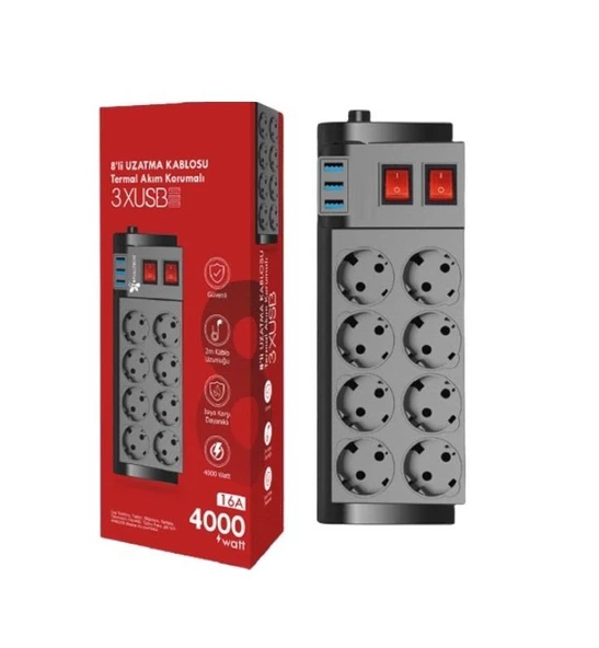 Zhltools Termal Akım Korumalı Isıya Karşı Dayanıklı 8li Priz Kablo Uzunluğu 2 mt 3 x Usb ürün görseli