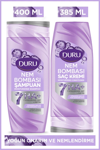 Duru Nem Bombası Yıpranmış Saçlar İçin Yoğun Onarıcı ve Nemlendirici Şampuan 400 Ml&Saç Kremi 385 Ml ürün görseli