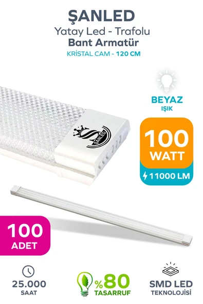 100Wat 120 cm KRİSTAL Yatay LED Bant Armatür-Trafolu Beyaz Işık 100 Adet