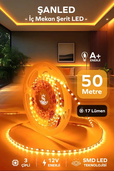 3 Çipli Iç Mekan Amber Rengi Şerit Led 50 Metre