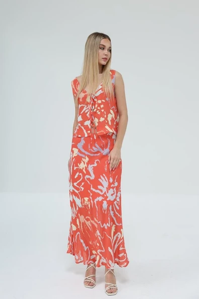 Bağcıklı Bluzlu Etek Takım - Kırmızı - Resim 2