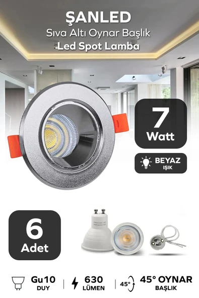 7w Sıva Altı Oynar Başlık Gu10 Yuvarlak Krom Kasa Beyaz Işık Led Spot Lamba 6 Adet ürün görseli