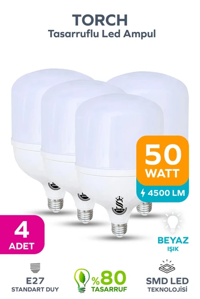 50w Tasarruflu E27 Beyaz Işık Torch Led Ampul 4 Adet