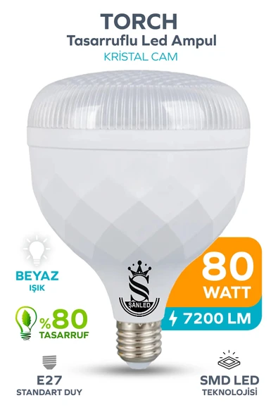 80W KRİSTAL Tasarruflu E27 Beyaz Işık Torch Led Ampul 1 Adet