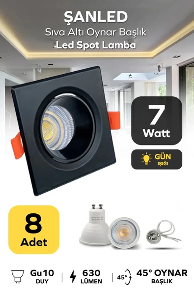 7w Sıva Altı Oynar Başlık Gu10 Siyah Kasa Gün Işığı Led Spot Lamba 8 Adet ürün görseli