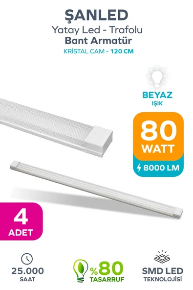 80W 120 Cm KRİSTAL Yatay LED Bant Armatür-Trafolu Beyaz Işık 4 Adet