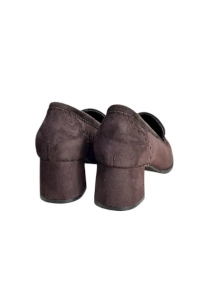 Kahve Hakiki Deri Süet Püskül Detay Topuklu Ayakkabı - Resim 3