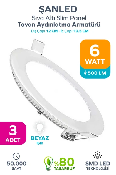 6w Tasarruflu Led Yuvarlak Beyaz Işık Sıva Altı Slim Panel Tavan Aydınlatma Armatürü 3 Adet ürün görseli