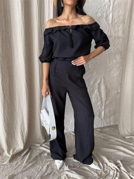 KETEN MADONNA YAKA KOL HASIR ŞERİT - PANTOLON TAKIM - Siyah - Resim 4