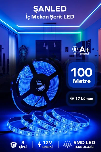 3 Çipli Iç Mekan Mavi Şerit Led 100 Metre ürün görseli 1