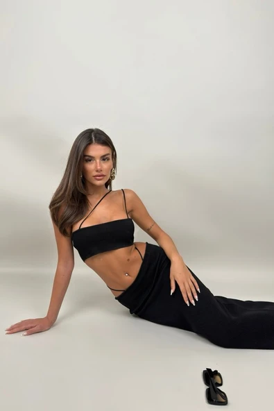 İp Detay Dokulu Maxi Etek - Resim 3