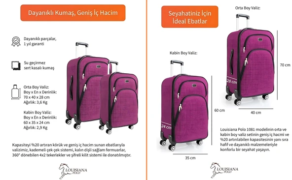 Orta ve Kabin Boy Valiz Seti 4 Teker Kumaş Valiz Pembe 1081 - Resim 4